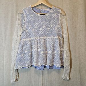 Zara Trafaluc Collection Ivory Lace Over Blue Pinstripe Top Office Romance XS